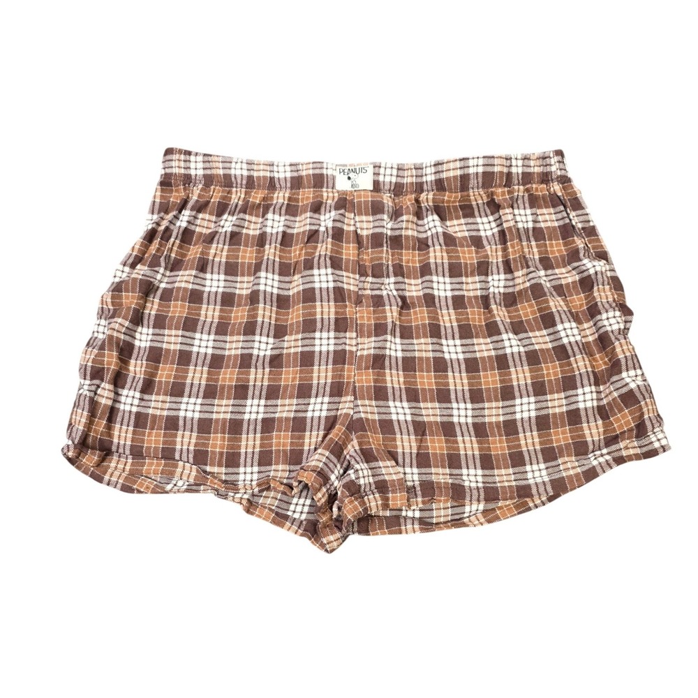 Peanuts Womens Plaid Pajama Shorts Women's Size XL 16-18 Brown Tan White Elastic